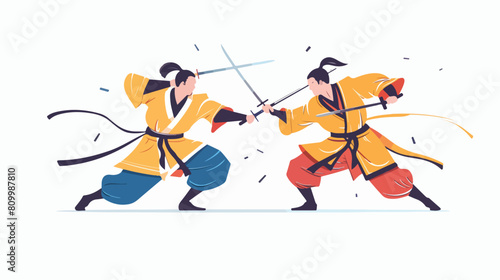 Wushu fight. Kung fu fighters in battle combat. 