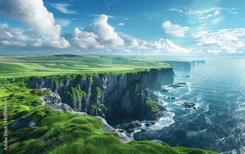 Majestic sea cliffs overlooking a vast ocean, lush green fields stretch beyond.