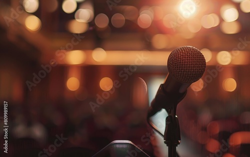Microphone in focus at a podium with blurred audience in a conference hall.