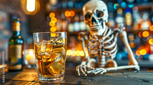 Whiskey with ice in foreground and skeleton at bar, alcohol kills concept