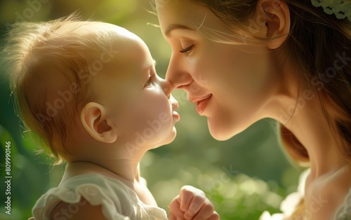 Mother tenderly touching noses with her delighted baby.