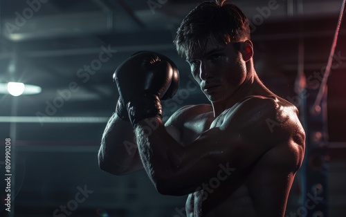 Muscular boxer throwing a punch in a dark gym.
