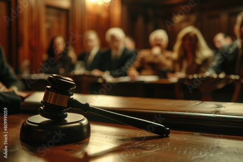 A judge's gavel on a table in front of a group of people. Ideal for legal and justice concepts