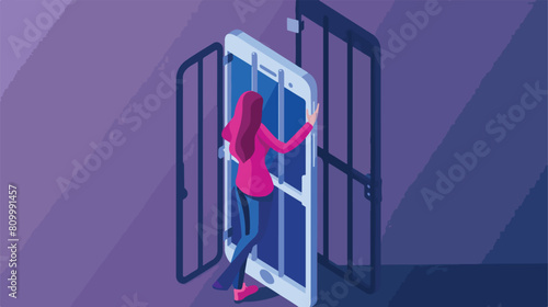 Young woman addicted to likes. Isometric vector illustration