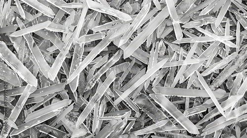  A monochrome image of a grassy field strewn with numerous tiny glass fragments