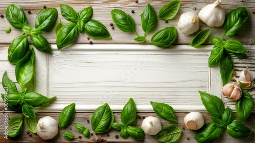  A picture frame featuring basil, garlic, and a clove of garlic against a wooden backdrop; space for text or an image
