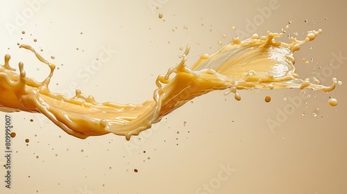  A yellow liquid splashes against a clean white backdrop Above it, the liquid arcs through the air Behind this scene, a light brown wall stands still