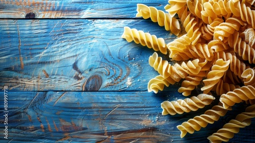  A blue wooden table holds two piles of uncooked pasta