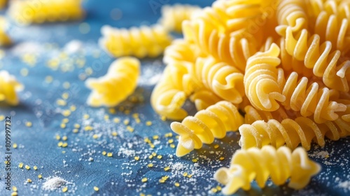  A yellow pasta pile atop a blue, sprinkle-scattered table
