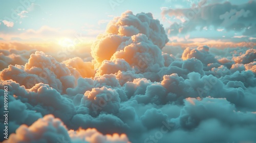 Be on cloud nine concept, soft sunlight illuminates billowy white clouds tranquil sky, peaceful calm tranquil idyllic heavenly