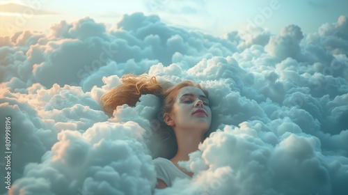 Be on cloud nine concept, serene woman floats among clouds, expression pure bliss, perfectly capturing concept cloud nine,