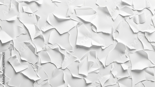  A tight shot of a white wall, littered with numerous ripped-up sheets of paper in its center