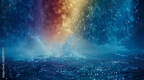  A tight shot of a rainbow-hued waterfall, with droplets collecting at its base