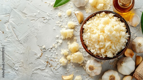  A bowl of cauliflower is placed next to garlic cloves and a bottle of oil on a white surface