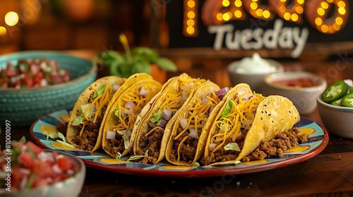 A classic taco Tuesday spread featuring crunchy beef tacos, filled with seasoned ground beef, lettuce, cheese, and tomatoes