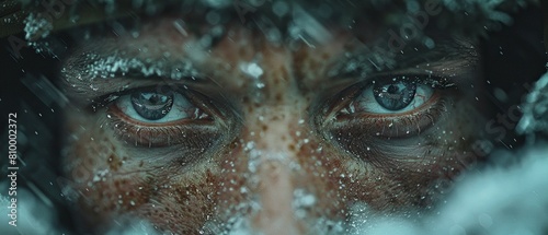 Create a dynamic close-up image capturing the determination and courage in the eyes of an explorer gazing into the unknown, emphasizing their adventurous spirit