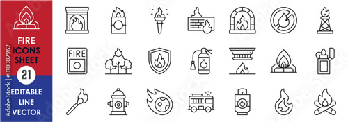Outline style fire icons set. Containing burning, flame, campfire, gas stove, lighter, match, smoke, firefighter matches, cylinder and so on. Vector linear icons collection.