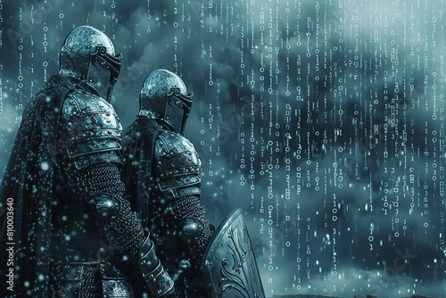 Silicon knights on a quest to defend the digital realm from malware invasions under a code sky 
