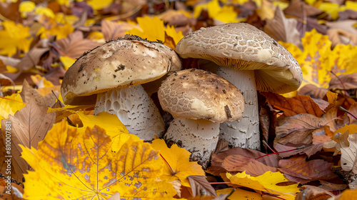 A group of mushrooms in the fall leaves.
