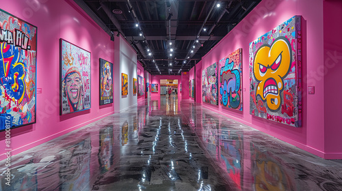 a modern sleek art gallery or museum, art shop, with urban culture artworks, vibrant colors and pink walls