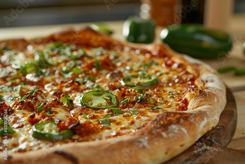 Spicy pizza with jalapenos and hot sauce vibrant reds and greens popping against a neutral background 