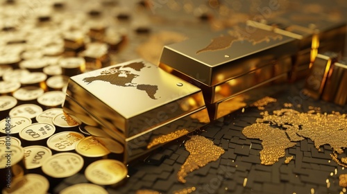 Gold bars and various coins are strewn across a surface depicting a world map, symbolizing global wealth.