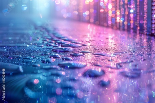 Water drops on the metal floor with colorful bokeh background