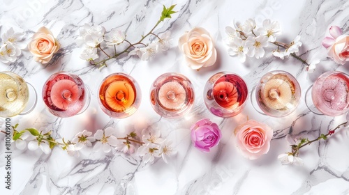 Various of rose in glasses and spring blossom flowers
