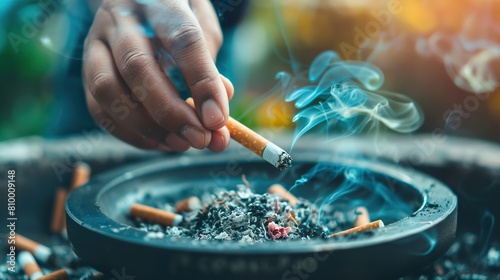 Closeup of a cigarette in an ashtray.