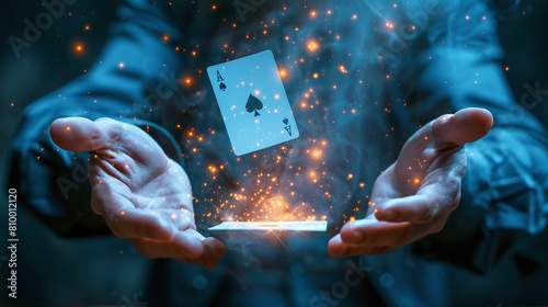 close-up of magician hands showing magic trick with cards