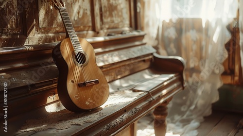 Classic guitar leaning on a weathered piano in a bright, airy room with sunlight streaming through lace curtains