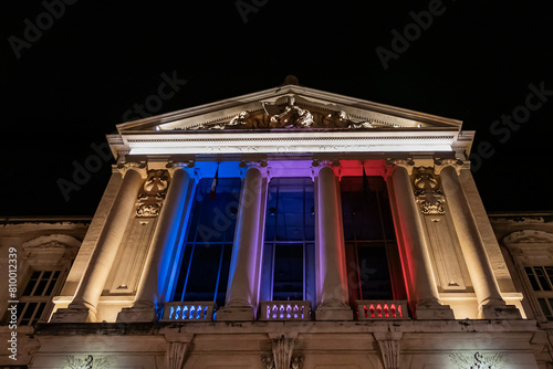 Night view of Nice Courthouse (Palace of Justice, 1885) - imposing law courts built in neoclassical style at Place du Palais. Nice, French Riviera, France.