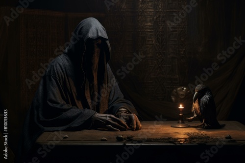 Hooded person sits in darkness with a candle and a raven, evoking a sense of mystery