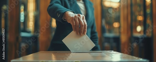Close-up of a man hand casting a ballot into a simple cardboard voting box. Political choice, election day and voting concept.