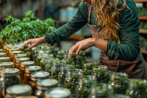 In an indoor setting, a woman is seen handling and organizing cannabis buds into mason jars, likely for preservation or sale