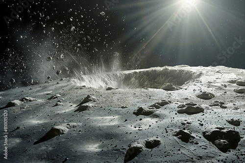 The aftermath of a small asteroid impact on a barren moon surface, illustrating the constant reshaping of celestial bodies by cosmic forces 