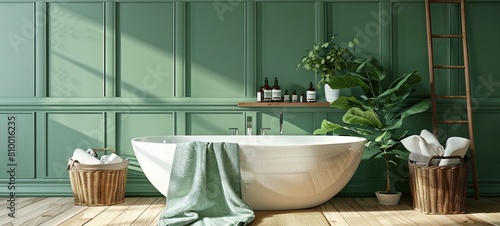 Stylish bathroom design with green painted panels on the wall. Bath, towels, rattan baskets and other personal accessories. 