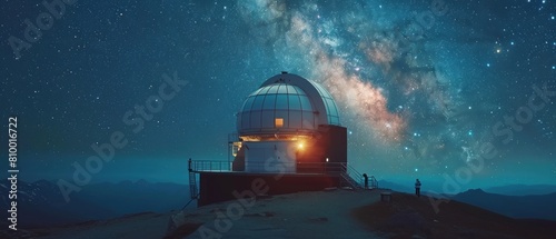 A large telescope is on a hill with a beautiful night sky