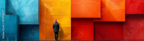 A man stands in front of a colorful wall, contemplating his next move.