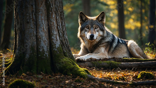 a lone wolf lies peacefully beneath the dappled shade of ancient trees