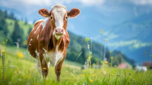 cow in a beautiful meadow with the sun in the background in spring in high resolution and high quality