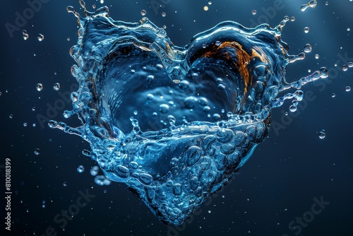 Vibrant water heart splash with a beautiful blue background representing love and freshness