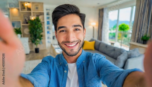 happy young pretty millennial man smiling at the camera in the living room 