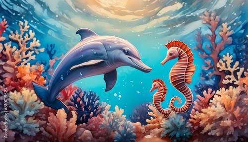 Write about the friendship between a playful dolphin and a shy seahorse in a bustling coral reef.poisson, mer, dessin animé, animal, océan, dauphin, eau