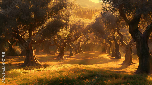A late afternoon view of an olive grove with the sun casting warm hues over the trees, creating a peaceful and inviting scene