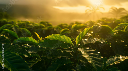 A lush coffee plantation at sunrise, dew still glistening on the dark green leaves, with a gentle mist rising in the background