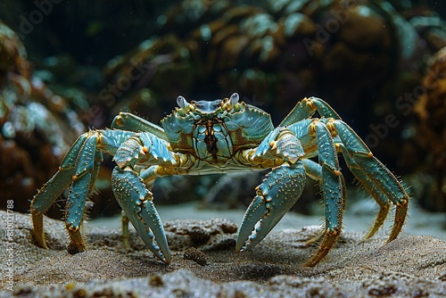 Blue crab on the sand in the aquarium, Underwater world