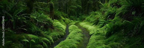 A narrow gulley winding through a dense forest, the soft moss and ferns lining its banks creating a vivid green path that leads into the distance