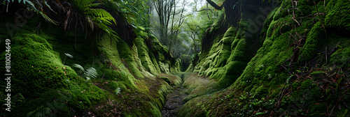 A narrow gulley winding through a dense forest, the soft moss and ferns lining its banks creating a vivid green path that leads into the distance