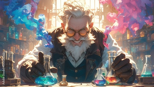 A crazy scientist with white hair and a beard, wearing glasses is in his laboratory, surrounded by colorful glowing smoke. 